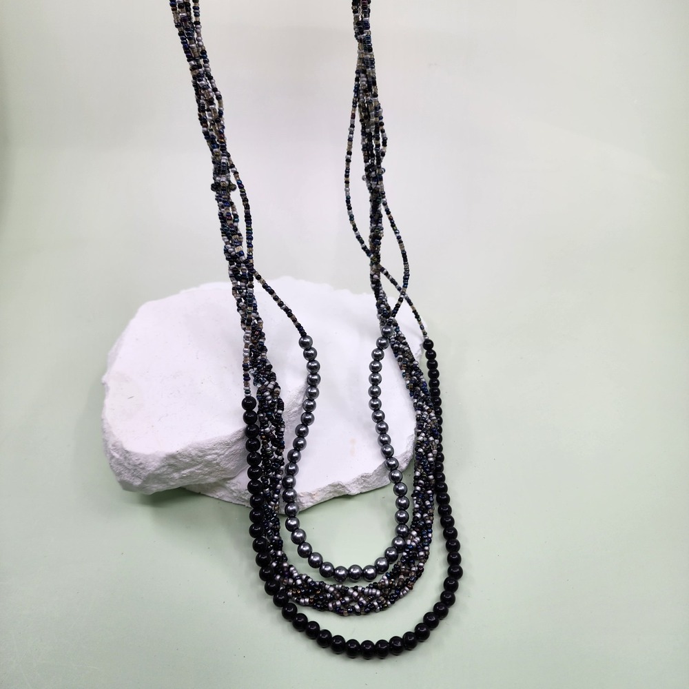 Multi Strand Black Seed Bead Necklace Gray Faux Pearl Boho Statement Layered